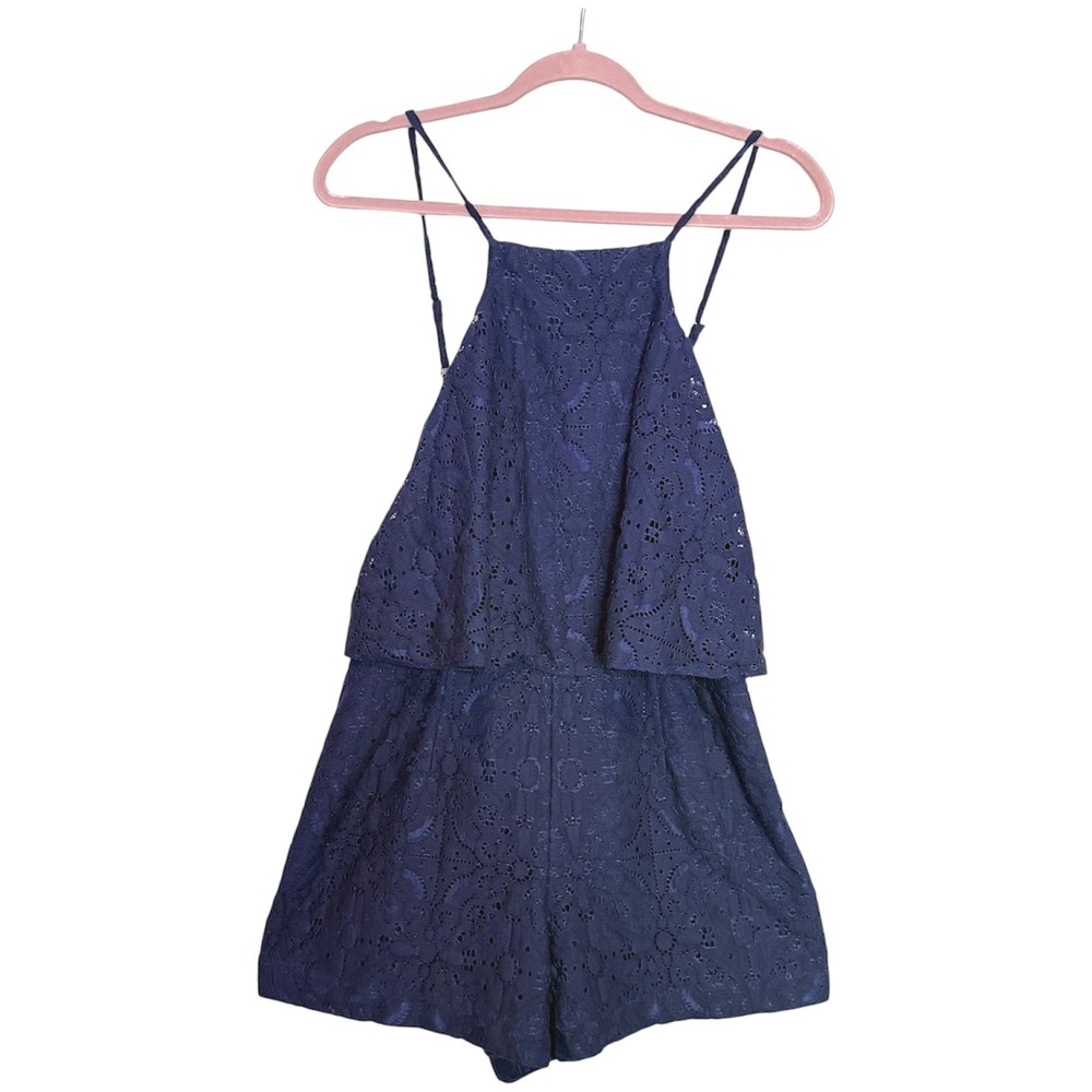 Lilly Pulitzer Celyn Romper Womens 8 Navy Blue Floral Lace Shorts Jumpsuit